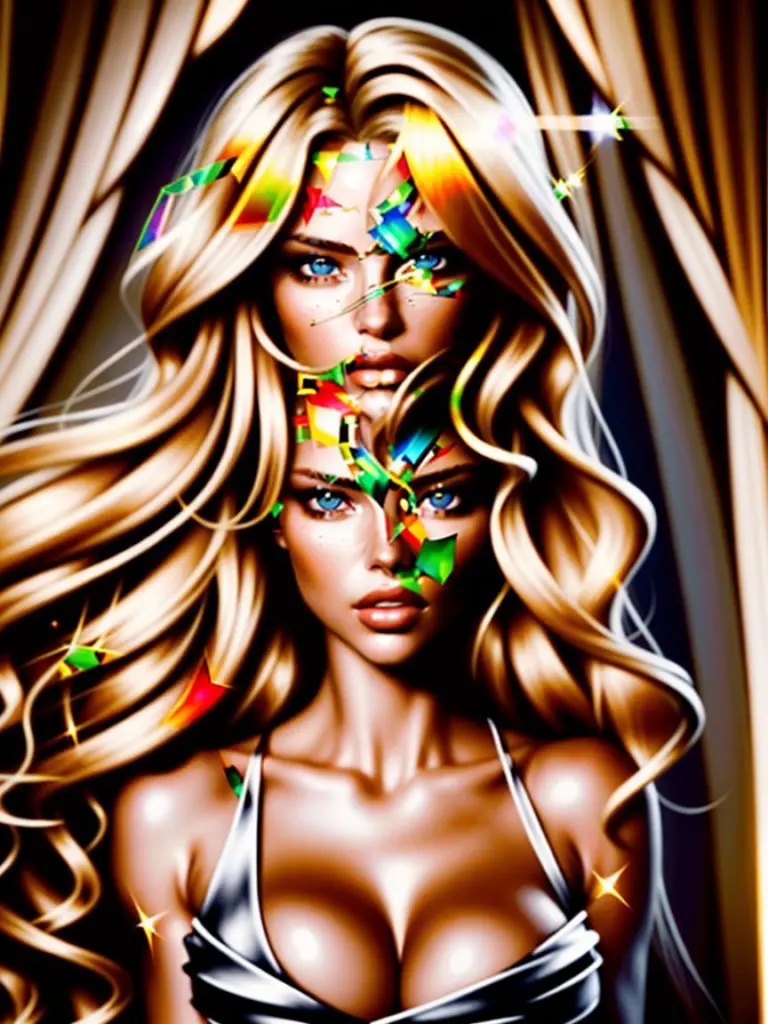 Hyper-realistic portrait of a glamorous blonde female model with striking features and elegant makeup.