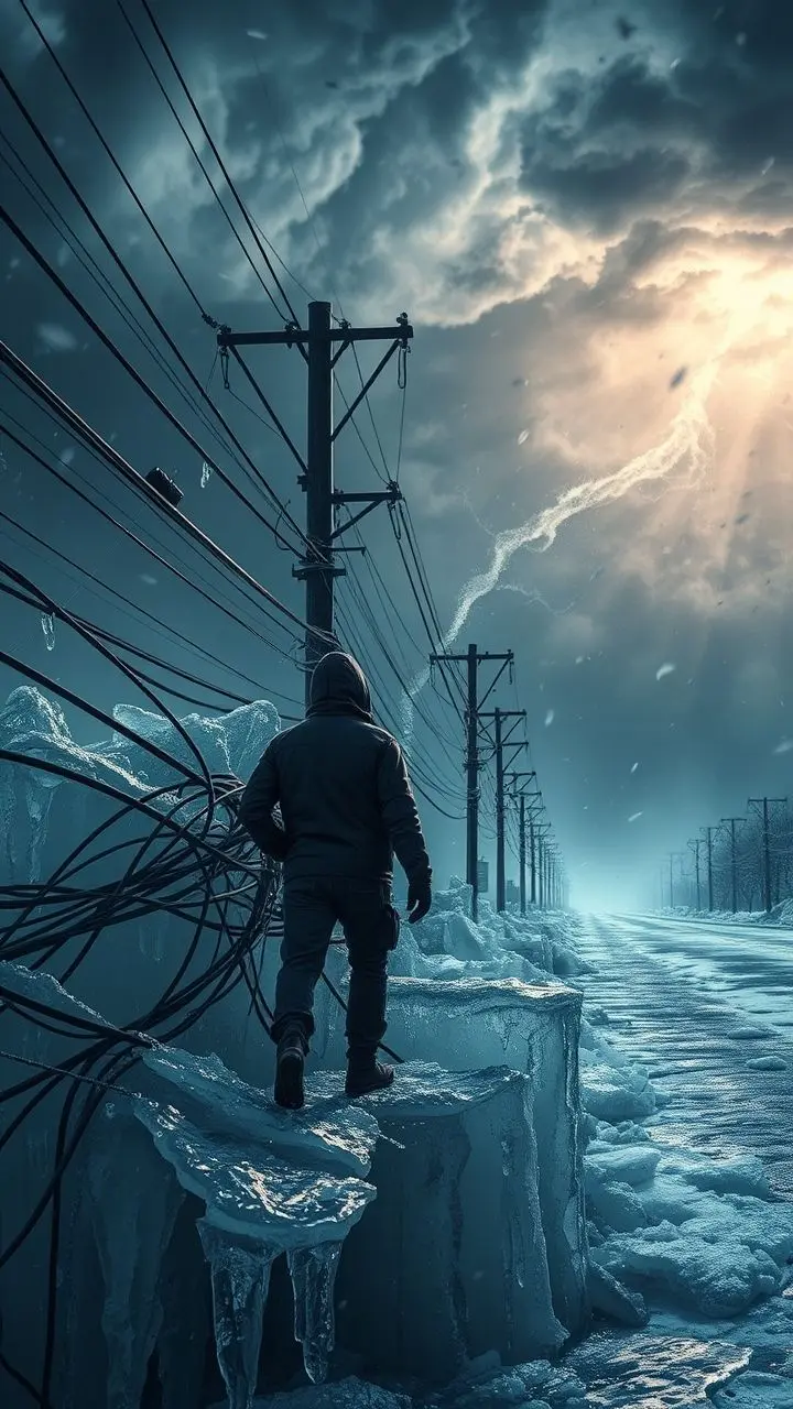 Jeffrey stands near ice-covered powerlines during a tornado warning.