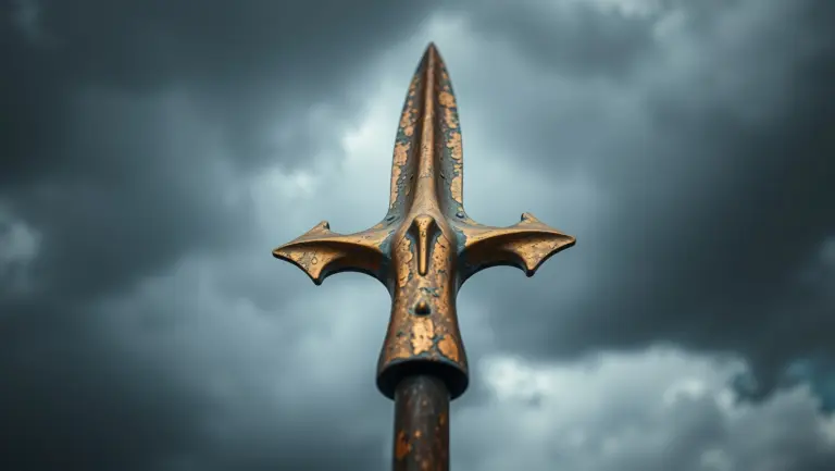 Close-up of an ancient bronze spearhead.