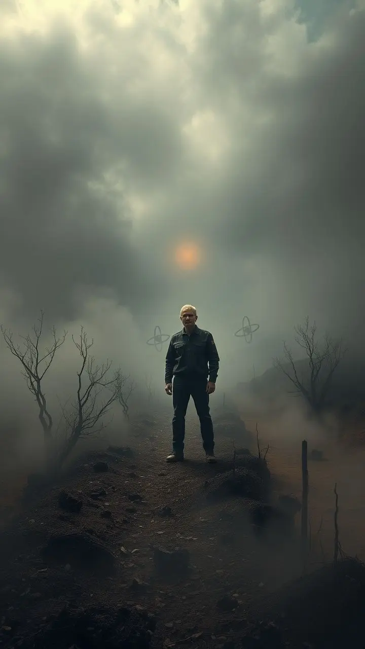 Hyperrealistic Glenn in foggy biochar landscape with retro-futuristic atomic elements.