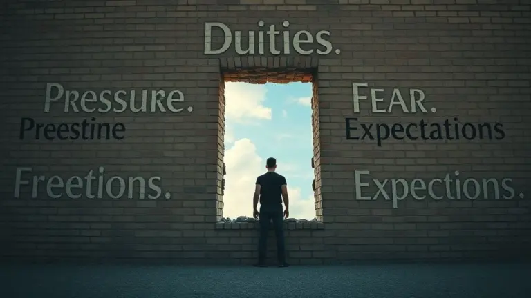 Figure against brick wall with 'Duties', 'Pressure', 'Fear', 'Expectations' engraved, a crack shows sky.