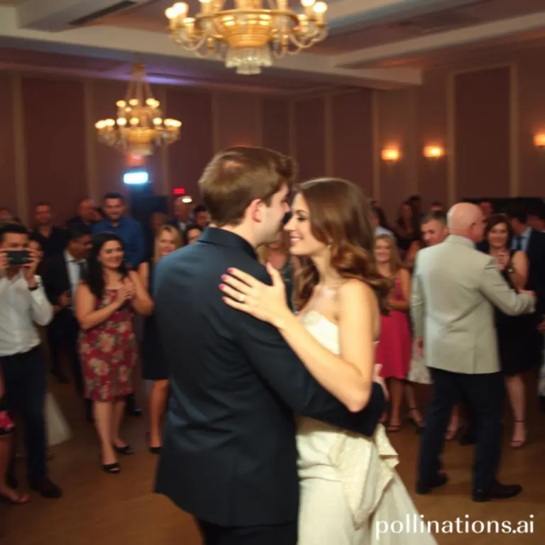 Couple dancing, blurred, crowded ballroom.