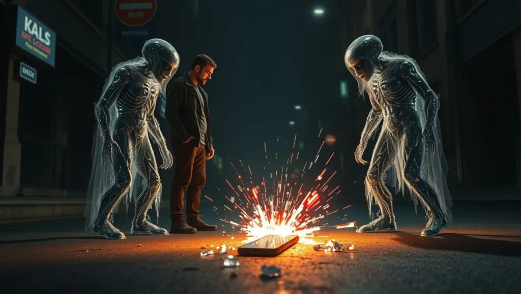 Shattered glowing phone on street with man and glitching figures.
