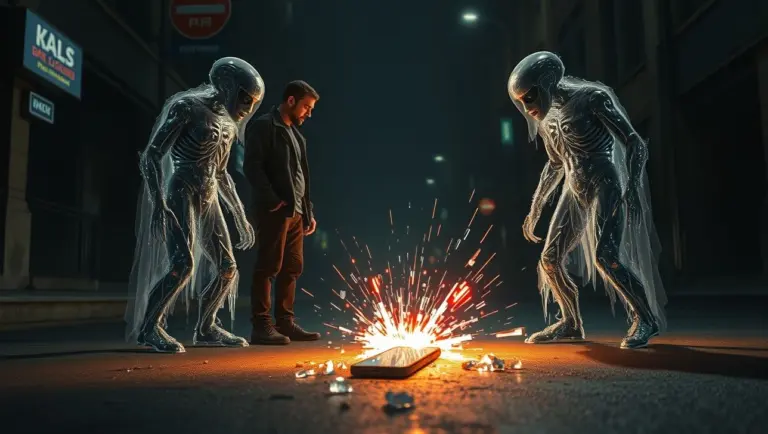 Shattered glowing phone on street with man and glitching figures.