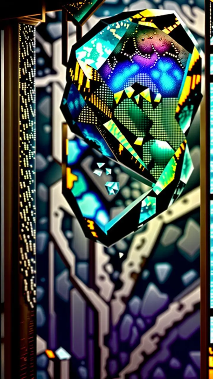 Cracked geode with crystals, glitching steampunk walls, monsoon humidity.