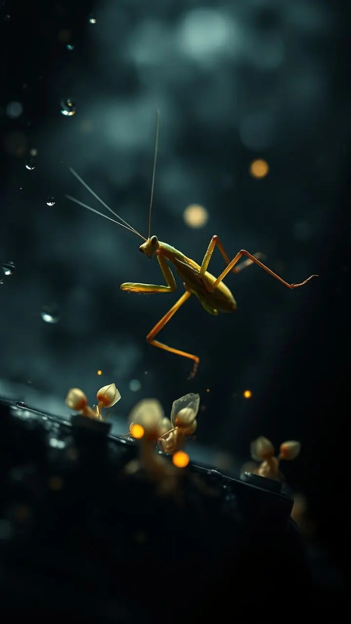 Praying mantis hunting in misty, glitch art environment with glowing fireflies.