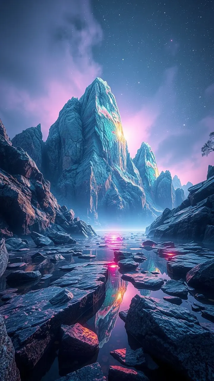 Vaporwave landscape with glitching rock formations.