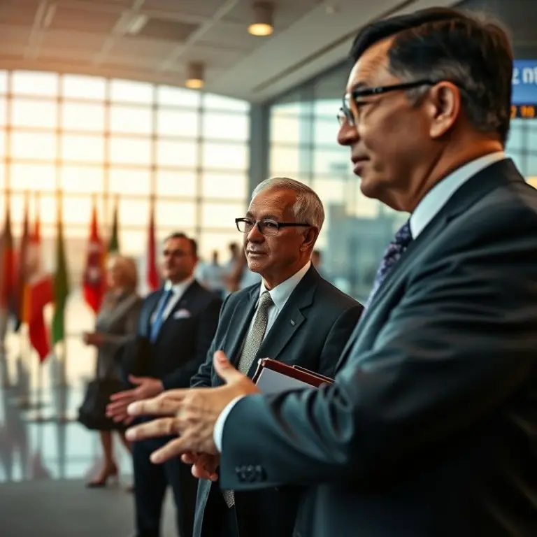 Politician speaking at a conference with international flags and airport background.