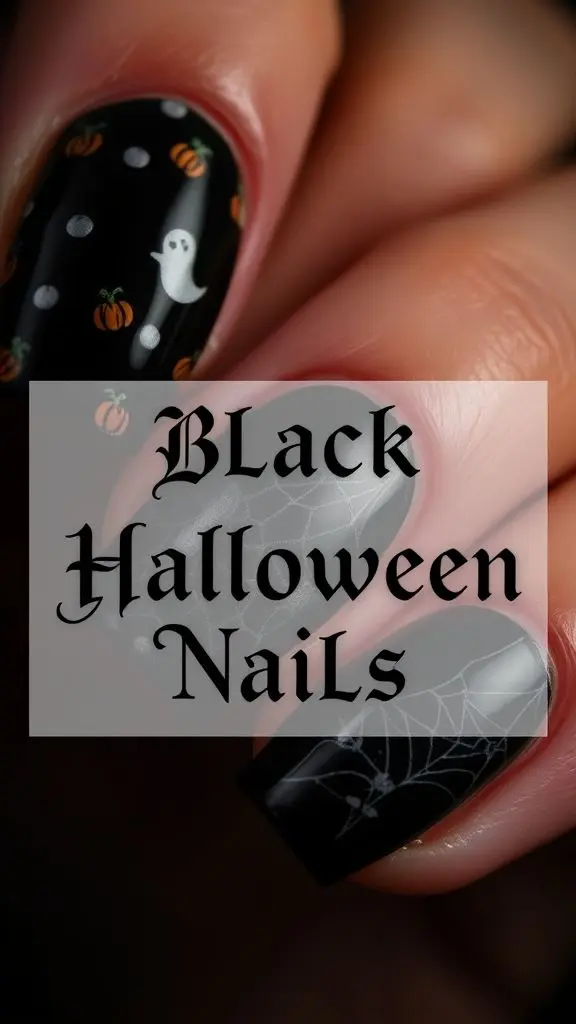 Close-up of black Halloween nails with detailed designs and gothic text overlay.