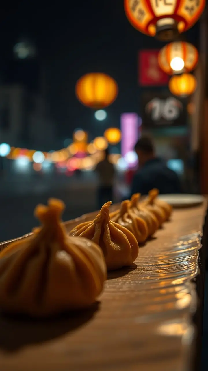 Fried dumplings with glowing reflections and tilt-shift.
