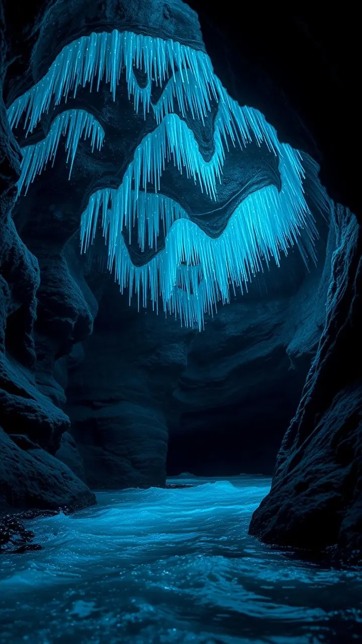 Subterranean cave with glowing blue lights on the ceiling and water at the bottom.