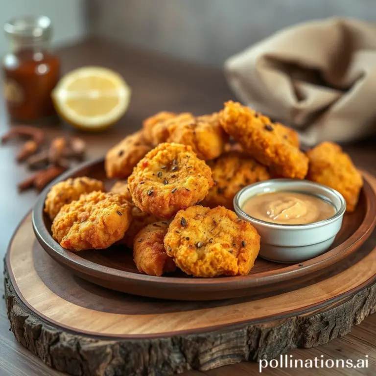 Crispy chicken nuggets with black pepper on a wooden platter.
