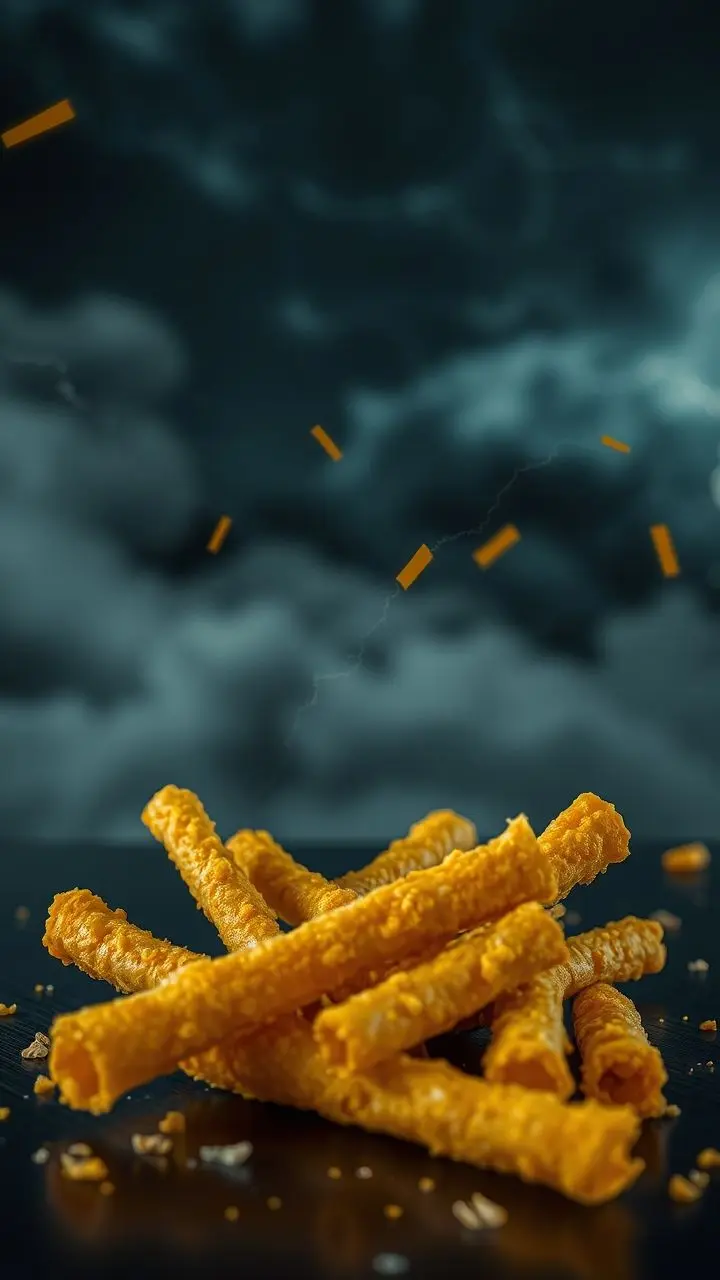 Close-up of golden cheese sticks on a dark surface during a stormy night with fog and lightning.