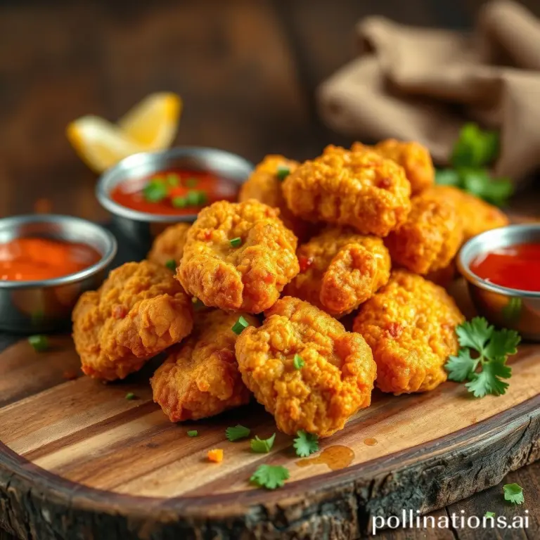 Crispy golden chicken nuggets with cartilage on a wooden platter with dipping sauces.