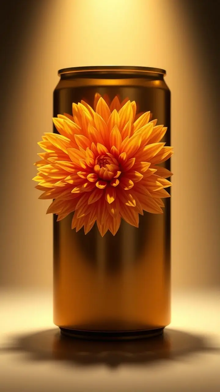 Golden chrysanthemum flower in a reflective can with soft lighting.