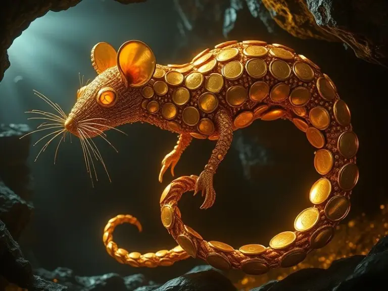 A fantastical creature formed from gold coins woven into a rat tail, with glowing eyes and metallic whiskers, in a dimly lit cavern.
