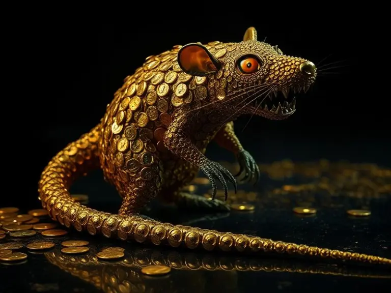 Golden coin rat tail monster with glowing eyes and sharp teeth.