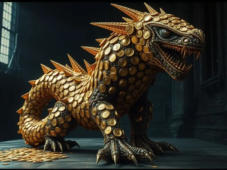 A monstrous creature made of gold coins with a menacing stance.