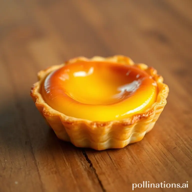 Close-up of a golden-brown egg tart with flaky crust.