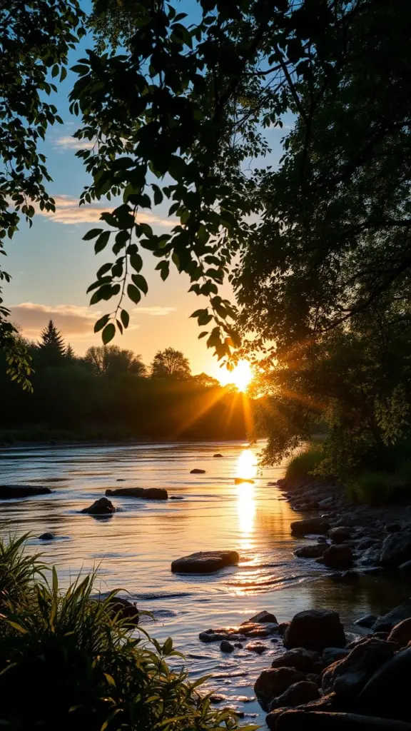 Serene riverside landscape at dawn with golden sunrise and balanced light and shadow.