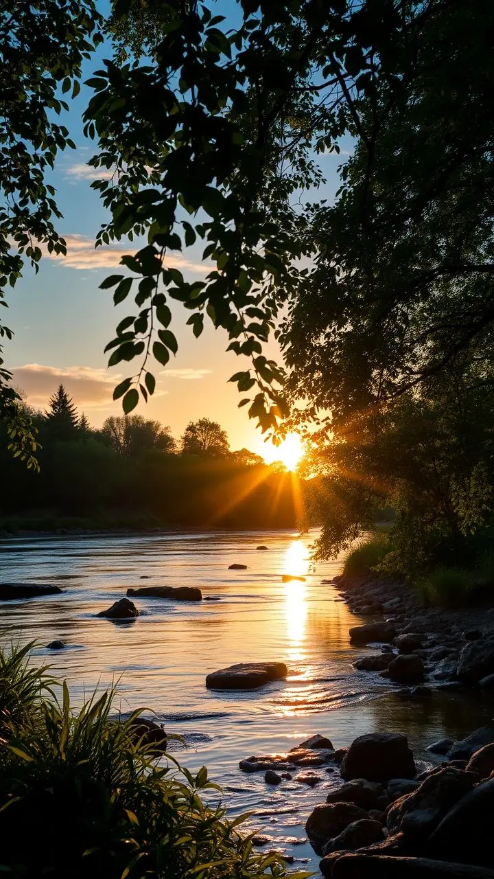 Serene riverside landscape at dawn with golden sunrise and balanced light and shadow.