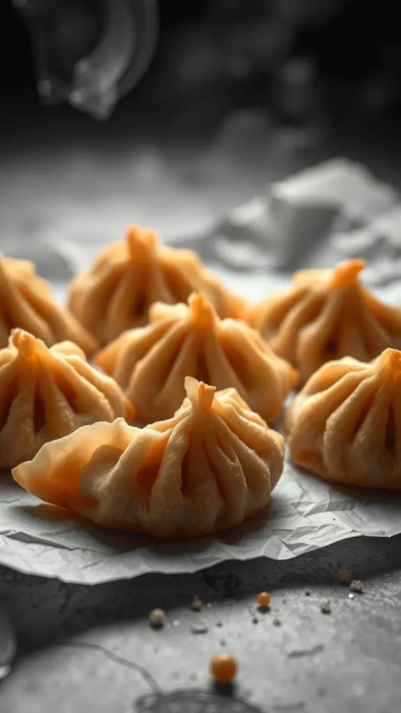 Close-up of golden fried dumplings on textured paper with swirling dust in monochrome retro-futuristic style.