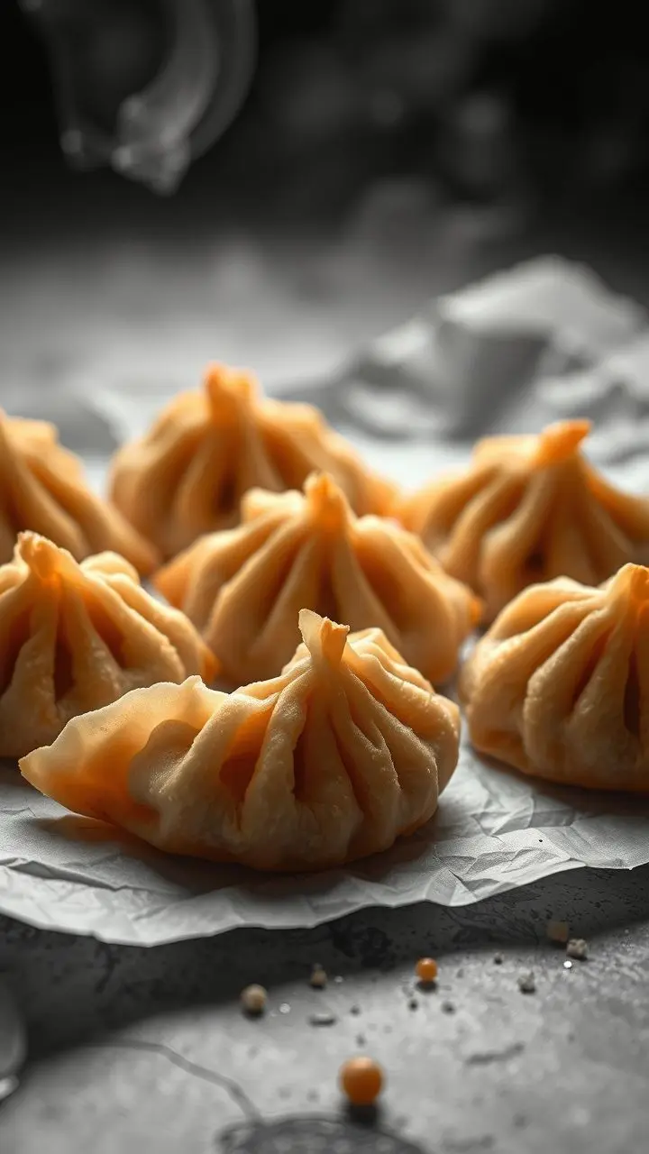 Close-up of golden fried dumplings on textured paper with swirling dust in monochrome retro-futuristic style.