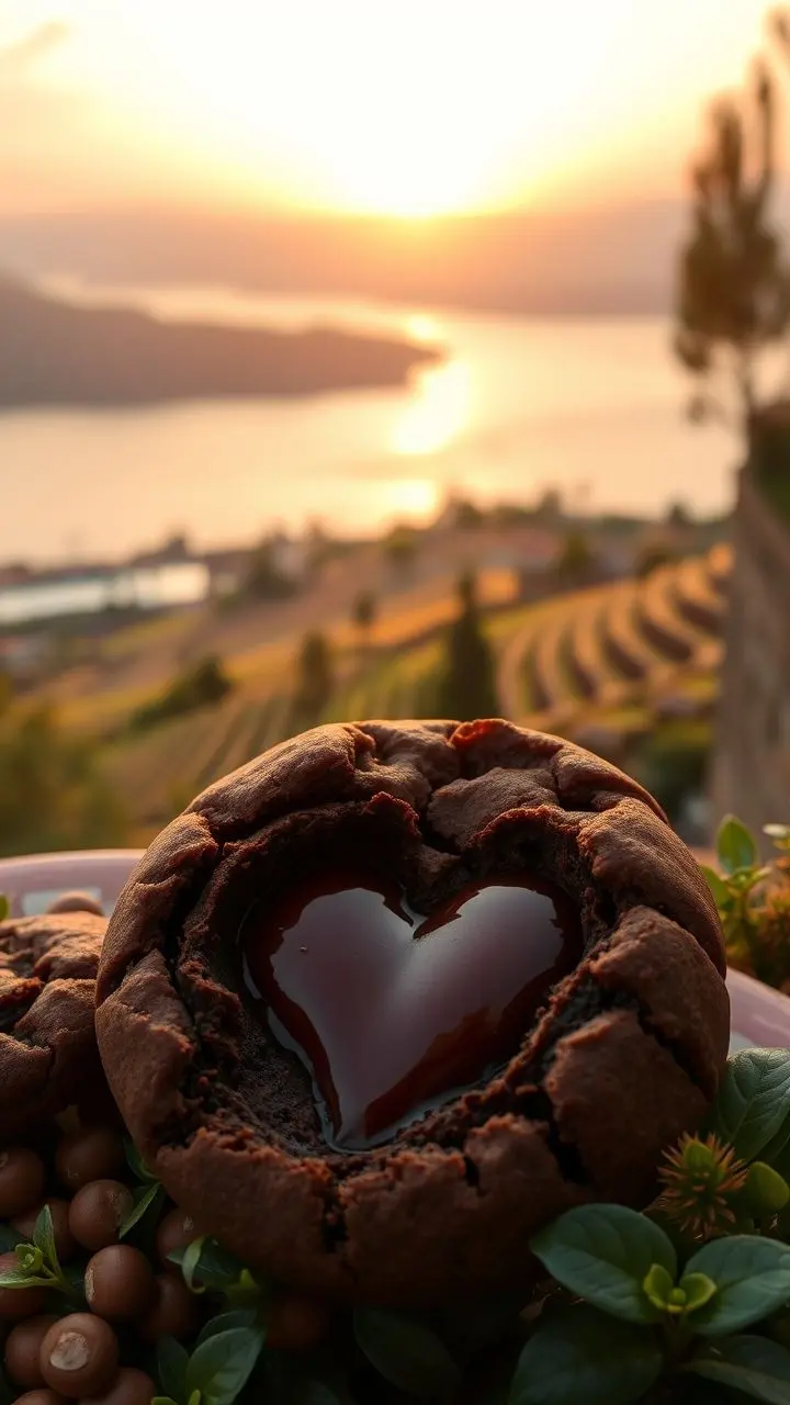Chocolate hazelnut cookie with oozing filling in a serene lakeside landscape at dusk.