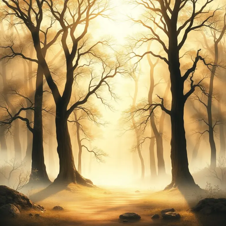 Golden light filters through ancient trees in a peaceful forest, showcasing Chinese artistic influence.