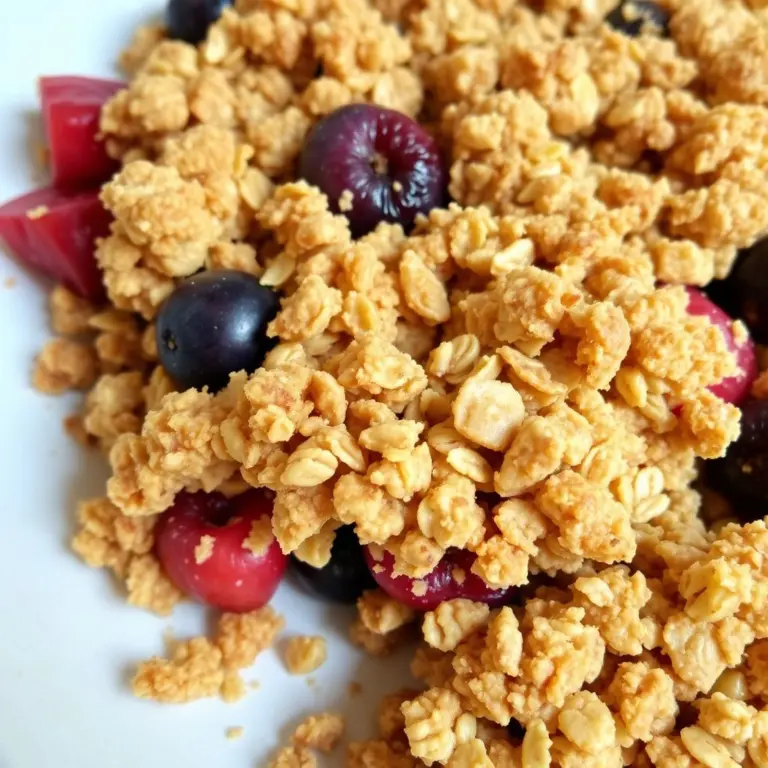 Close-up of fruit oat crumble with golden-brown topping.