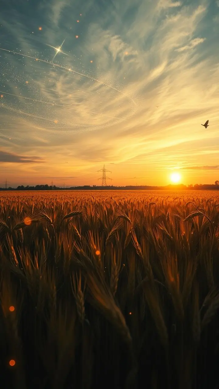 Golden wheat field at sunset with a stormy, glitching sky above a kitchen.
