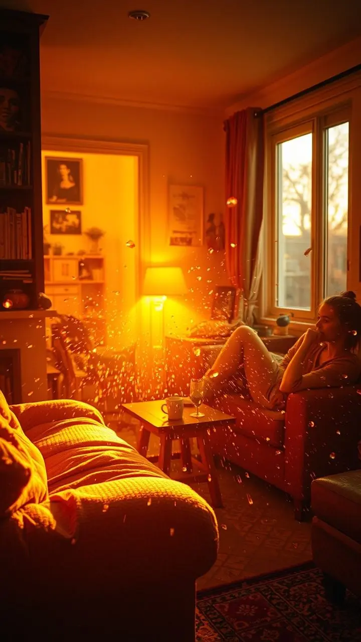 Friends in a cozy apartment during golden hour, with large hailstones creating chaotic shadows and an otherworldly glow.