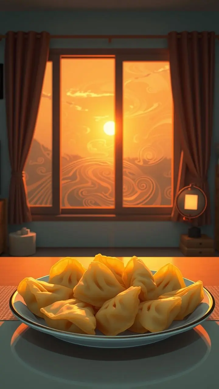 A flat-shaded digital art image of fried dumplings on a table near a window with swirling water at sunset.