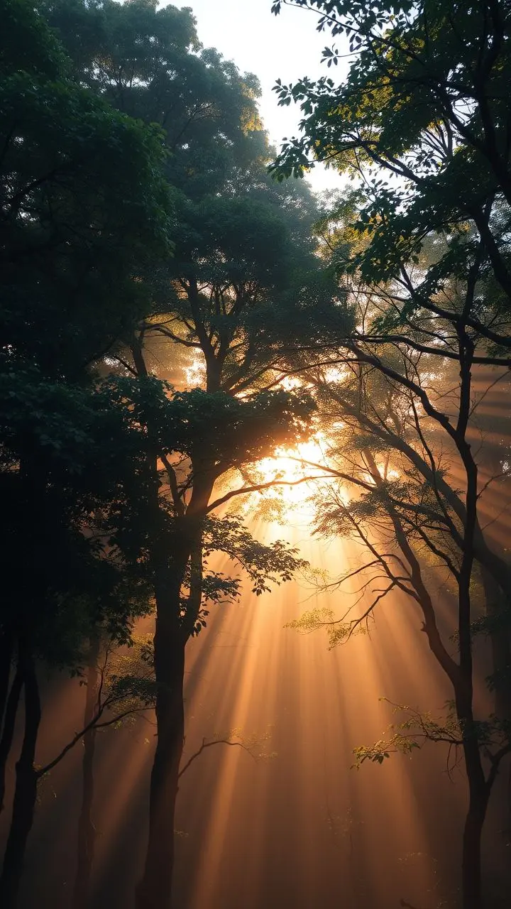 Misty forest floor with golden hour sunlight filtering through green trees.