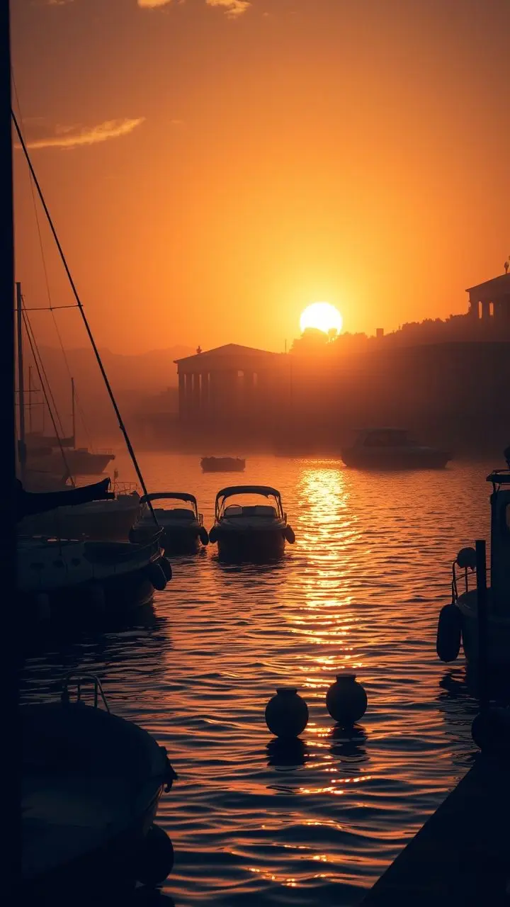Serene harbor at golden hour with fog, Roman columns, senators, garage, and bedroom, in a soft dystopian style.
