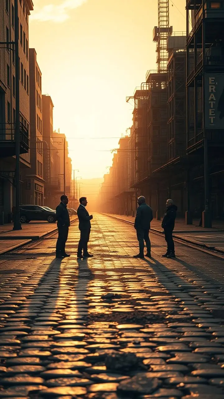 Investors being interviewed on shimmering pavement during golden hour, with steampunk elements.