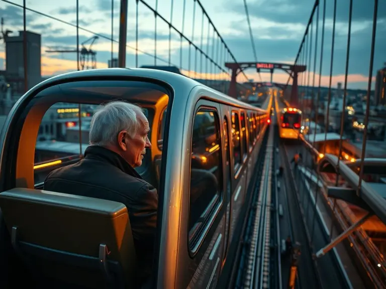 Elderly man on Wuppertal Suspension Railway at dusk