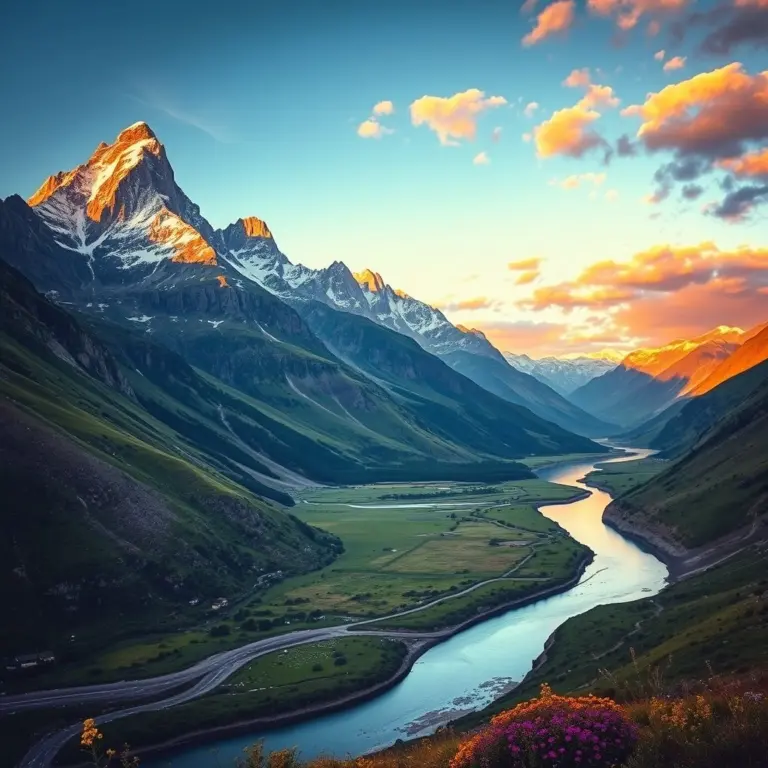 Snow-capped mountains at sunset with a river in the valley.