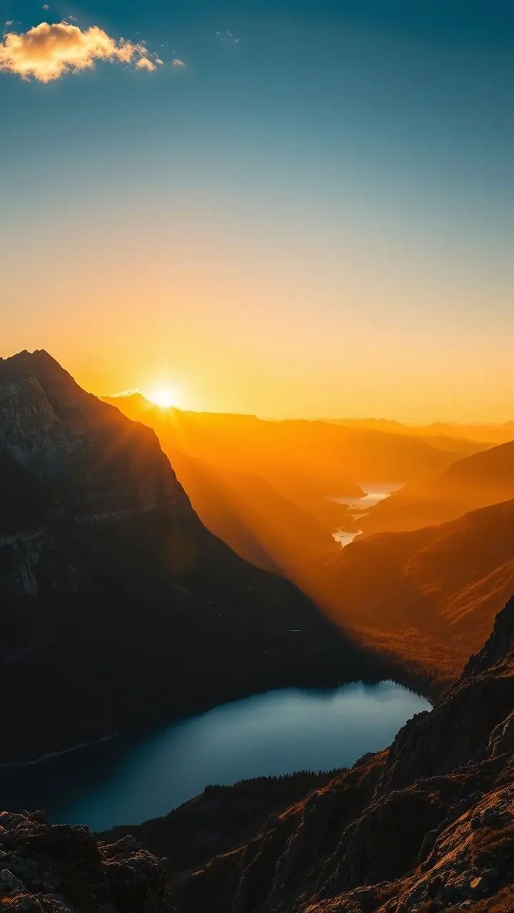 Rugged mountains at sunset with a shimmering lake, rendered in HDR.