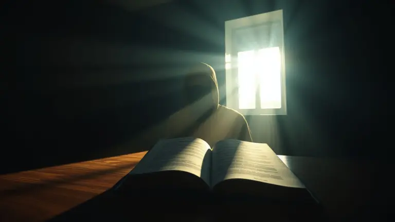 An open journal labeled 'Деканозов' sits in a dimly lit room during golden hour, with obscured faces and volumetric light illuminating dust.