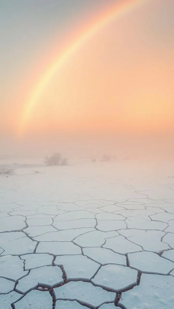 Winter landscape with fog, rainbow, ice crystals, and a grant figure.