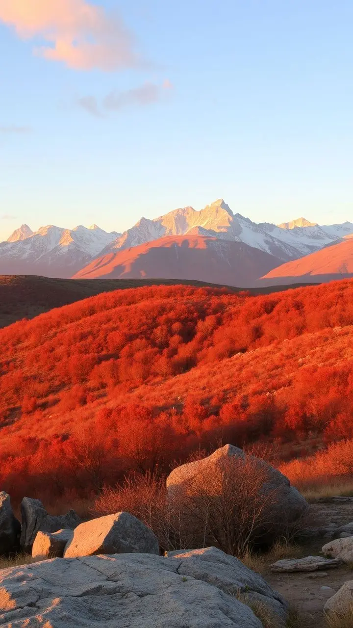 Landscape at golden hour with warm amber and peach light.