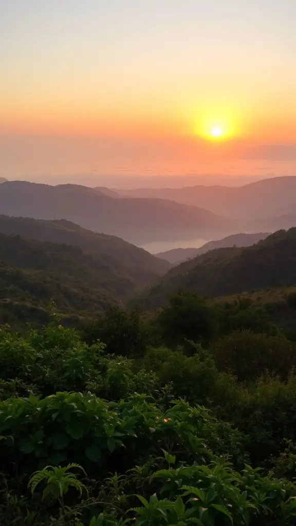 Sunset over rolling hills with misty valleys.