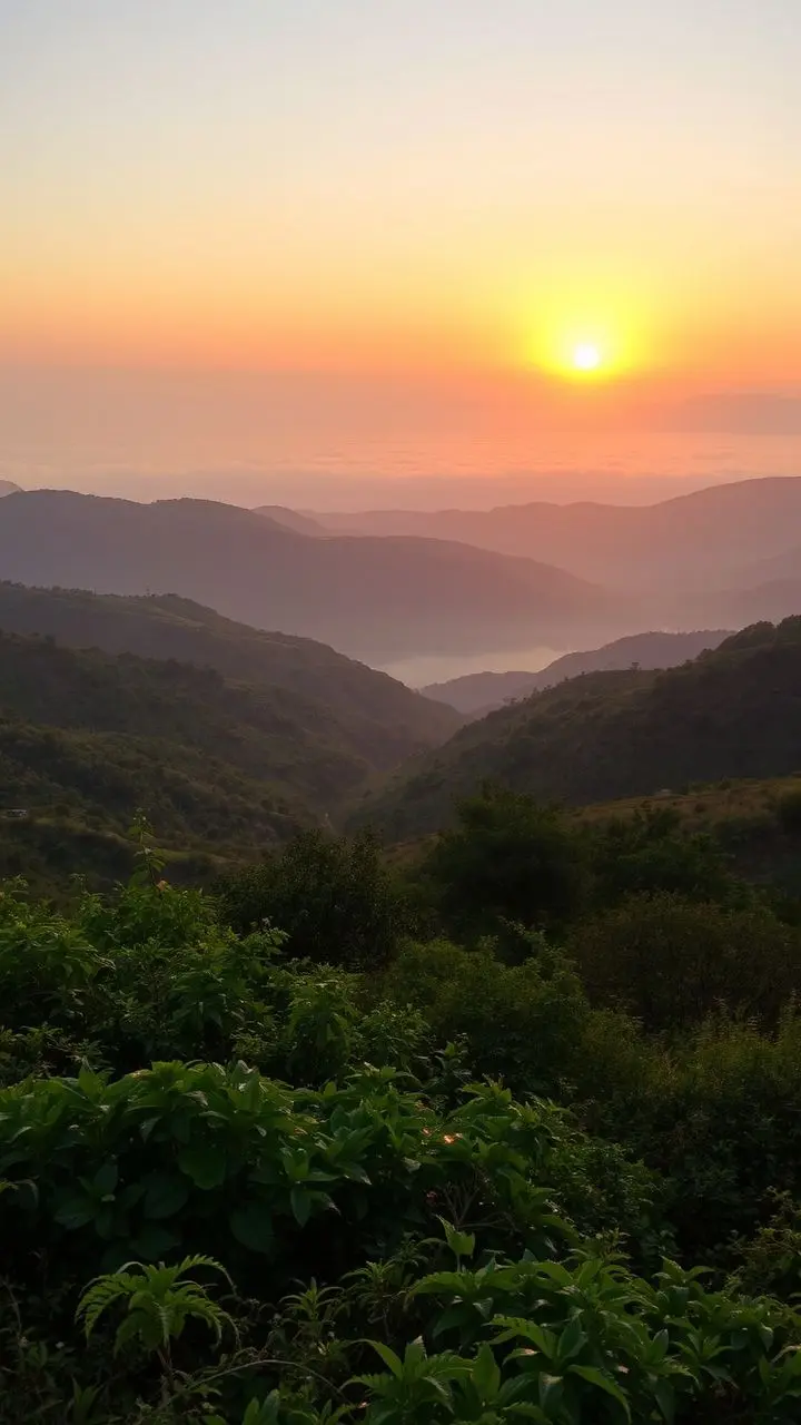 Sunset over rolling hills with misty valleys.
