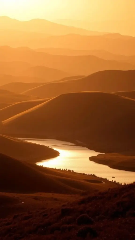 Rolling hills and water at golden hour with amber light and long shadows.