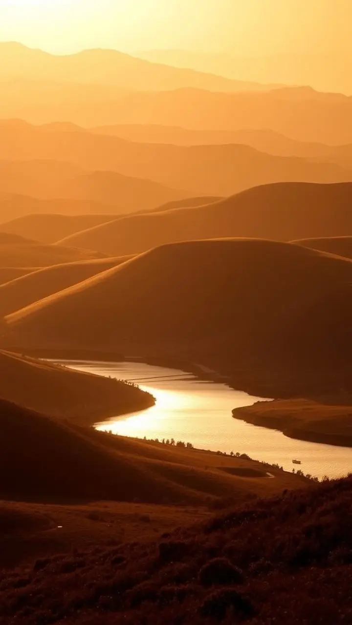 Rolling hills and water at golden hour with amber light and long shadows.