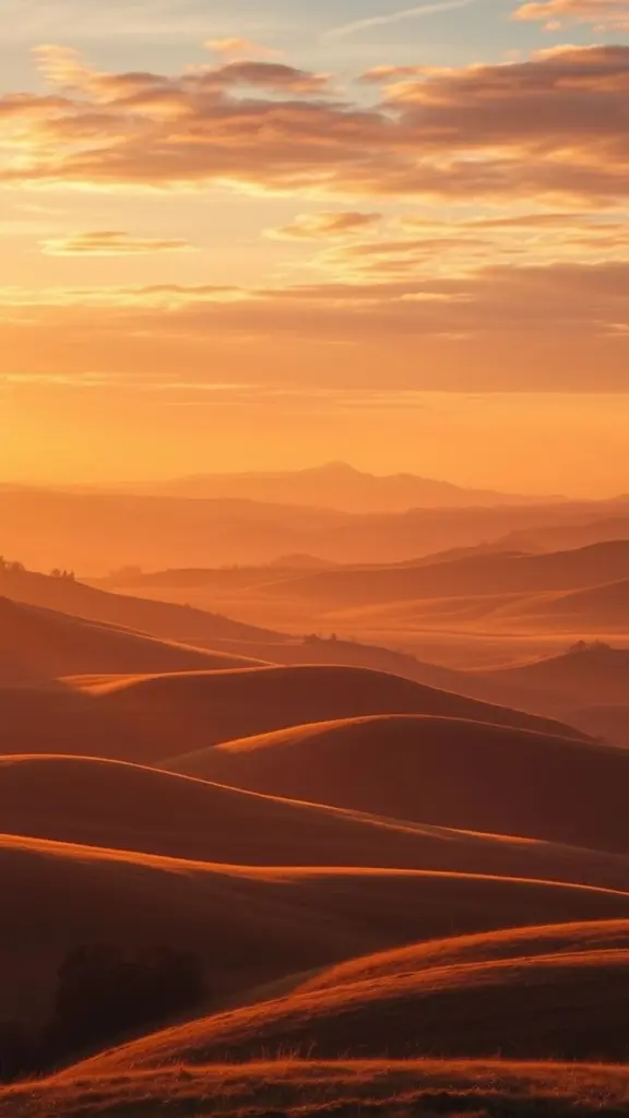 Landscape at golden hour with amber light, rolling hills, and orange/pink sky.
