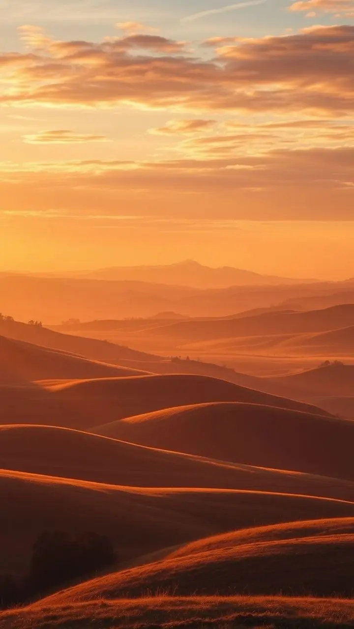 Landscape at golden hour with amber light, rolling hills, and orange/pink sky.