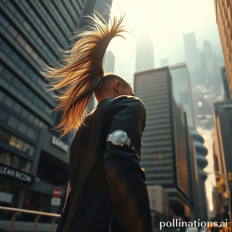 Man with horsetail hairstyle in city at sunset, low angle.
