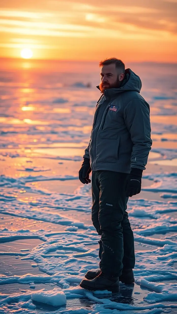 Man ice-fishing in golden hour light.